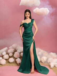 Teen Girls' One-Shoulder Formal Evening Gown With High Slit, Side Ribbon Accent & Elegant Fish-Tail Hemline – Perfect For Red Carpet Galas, Black Tie Affairs, Ceremonial Attire, And Pageant Events