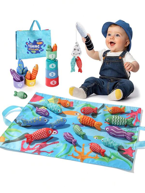 1 Set Kids Fishing Toys, Funny Fabric 3D Matching Number Stacking Cups, Developmental Crawling Game Mat With Foldable Storage Bag, Suitable For Boys & Girls, Interesting Magnetic Fishing Toys, Easter/Birthday Gift (Random Color Accessories)