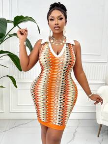 大码 V 领翻领彩色条纹无袖紧身连衣裙（随机印花）