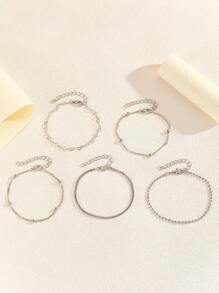 5pcs European & American Beaded Punk-Style Necklace Bracelet Chain Jewelry Set,Heart Decor, Casual Wear & Gift, Beads Random