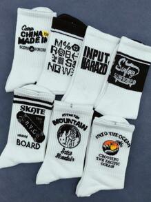 5 pares de calcetines medianos aleatorios con diseño de letras y números, calcetines blancos casuales y elegantes para hombres y mujeres