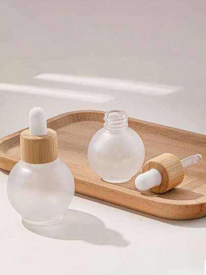 2pcs 0.68oz/1.01oz(20ml/30ml), Frosted Glass Essential Oil Bottles With Dropper & Bamboo Lid -Unscented Cosmetic Containers For Perfume, Liquid Storage, Travel Size Reusable Jars