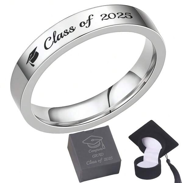 1 Geschenkbox mit Ring aus Edelstahl für Abschluss, mit eingravierter Aufschrift "Abschlussjahrgang 2025", Geschenkbox für Abschlussringe von High School/Uni, kreative Ringbox als Geschenk passend für 2025 Abschlussfeier, geeignet für Schwestern, beste Freunde, Klassenkameraden, Selbstvertrauen motivierendes Geschenk