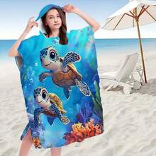 1pc Turtle Printed Wearable Bathrobe - Super Soft Microfiber Hooded Cartoon Ocean & Turtle Pattern, Suitable For Boys, Girls, Couples As Gift - Beach And Home Decor, Couple Cloak | Microfiber Robe - Multicolor - View 7