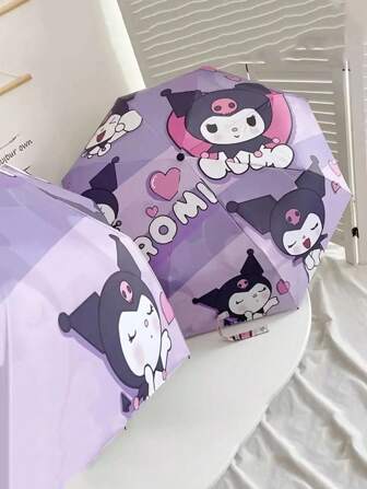 Sanrio 1pc Sanrio Kuromi Automatic Folding Umbrella - UV Protection, Lightweight & Portable Travel Rain Gear With 190T Canopy & Rubber Handle, Cute Cartoon Design - Ideal For Sunny & Rainy Days, Perfect Gift, Umbrellas For Rain
