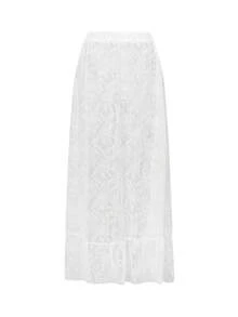 Women's Lace Long Skirts Vintage High Waist Solid Color Asymmetrical Hem Ruffle Midi Skirts Flowy Skirts