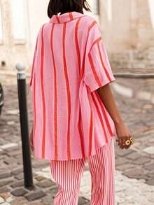 Women Color-Block Striped Loose Blouse Short Sleeve Elegant Cardigan Top, Suitable For Commute, Daily, Valentine's Day, Outing, Spring/Summer