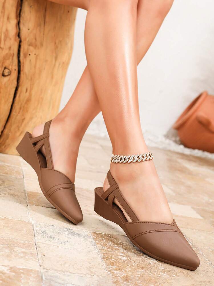 Women's Pointed Toe Kitten Heel Sandals, Casual Chic Spring/Summer Outdoor Buckle Closure Brown Heeled Sandals, Elegant & Formal Feel - Brown - View 2