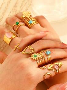 1 pieza Anillo de acero inoxidable con flor dorada y forma de corazón con gema falsa, apto para uso diario para mujeres
