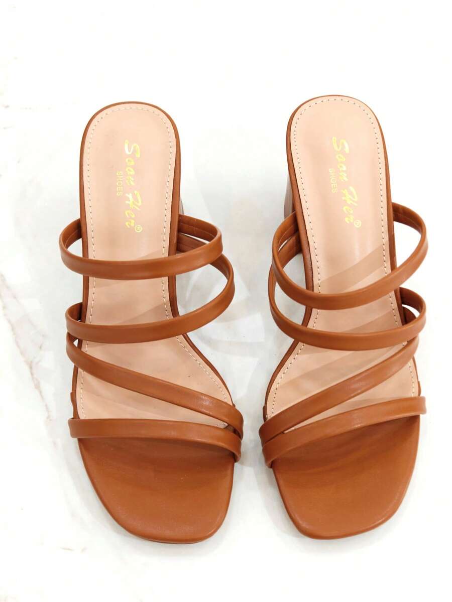 Revreal Strappy Block Heels with Square Toe Design Summer Bohemian - 駝色 - 查看 1