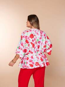 Plus Size Women Floral Print V-Neck Drawstring Waist Ruffle Hem Casual Vacation Top, Summer - Red and White - View 8