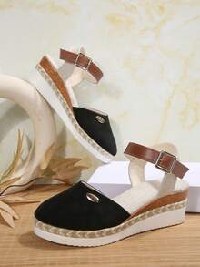 Women's Plus Size Closed Toe Chunky Platform Back Strap Black Sandals, New Summer Splice Color Elastic Band Rope Bottom Roman Style Sandals - Black - View 6