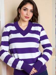 TRICOZHU Knitted Long Sleeve Striped Blouse V-Neck Striped V-Neck Blouse Polyester With Elastane Ribbed Collar And Cuff ONE SIZE 36-44 - 紫色 - 查看 2