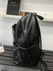 1pc Casual Minimalist Backpack, Large Capacity Multi-Pocket PU Soft Surface Design, Suitable For Short Trip Outdoor For Men - Black - View 7