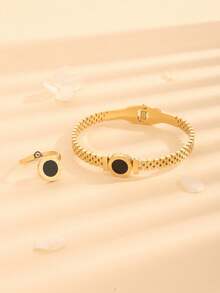 2pcs/Set Roman Numeral Round Bangle Bracelet & Ring Set, European And American Style Accessories - Gold - View 2