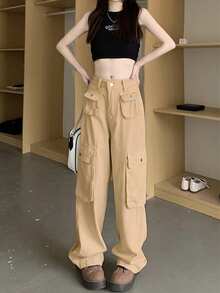 女士卡其色工装裤，新款休闲直筒复古棕色长裤，春秋