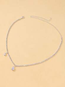 1pc Silver Asymmetrical Double Water Drop Rhinestone Pendant Necklace For Women - Silver - View 3