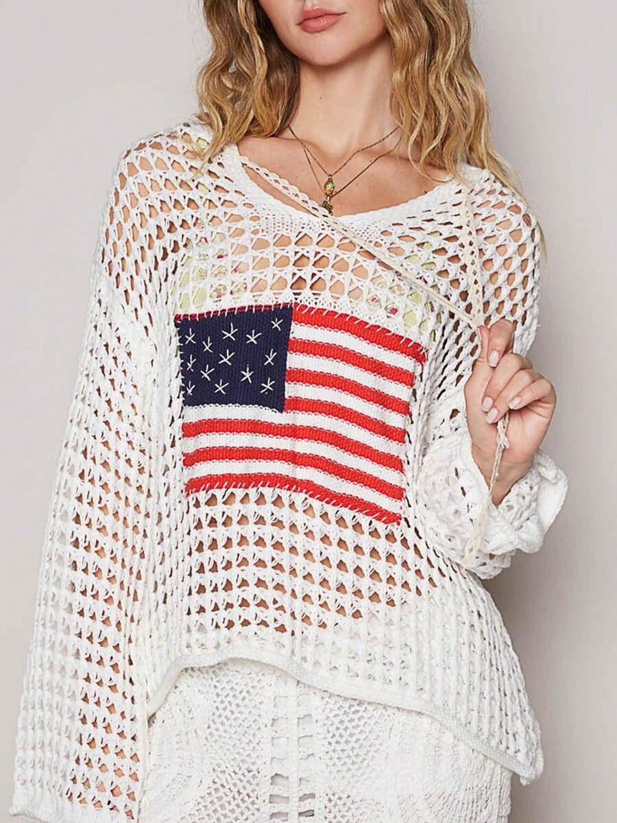 Women's American Flag Crochet Sweater Long Sleeve Hollow Out Lightweight Knit Hoodie 2025 Summer Beach Cover Up Tops - 白色 - 查看 1