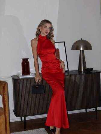 Sleeveless Halter Backless Satin Formal Mermaid Fishtail Bodycon Dress