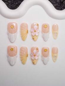 Uñas postizas hechas a mano con forma de almendra, estilo Y2K baddie, en colores blanco, nude y amarillo con puntas francesas, elementos de flores y cuentas, brillantes, 10 piezas/paquete con 3 opciones de tamaño, adecuadas para fiestas, bodas y uso diario, con kit de herramientas, gran regalo para mujeres y niñas. Uñas postizas y suministros para uñas - Multicolor - Ver 2