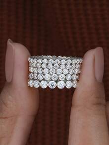 1 件 925 纯银 1.5-2 毫米圆形切割结婚戒指半永恒戒指半圈钻石可叠戴戒指