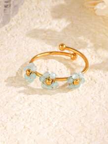 1 pieza de anillo decorativo de acero inoxidable de la serie de flores de colores de moda de verano, con diseños multicolor, blanco, rojo, morado y rosa, de diseño casual, versátil y elegante, apilable, adecuado para el uso diario, vacaciones y viajes de las mujeres, con accesorios enchapados en oro de 18K
