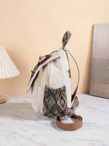 1pc Hand-Woven Floral & Dragonfly Patterned Multifunctional Casual Backpack/Shoulder Bag/Chest Bag, School Backpack - Beige - View 2