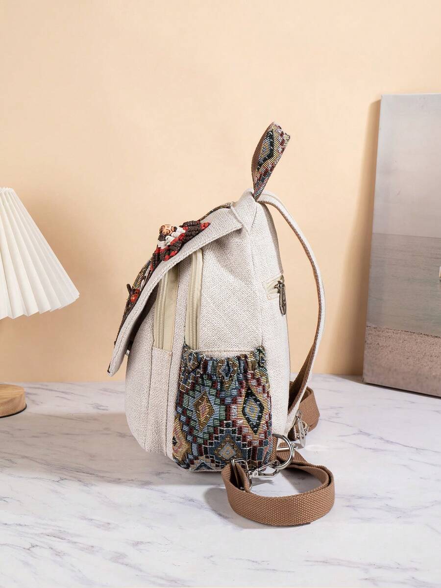 1pc Hand-Woven Floral & Dragonfly Patterned Multifunctional Casual Backpack/Shoulder Bag/Chest Bag, School Backpack