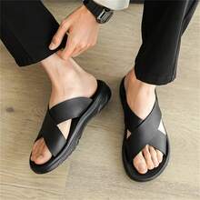 Men's Fashion High-Quality Breathable Sandals, Thick Sole Anti-Slip Criss-Cross Strap Summer Outdoor Beach Slippers - Black - View 8
