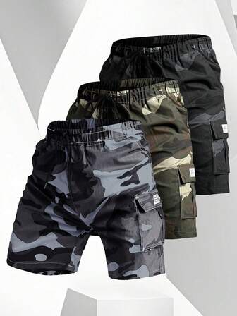 1 st kamouflage cargo casual shorts för män, utomhussporter lösa knälånga byxor