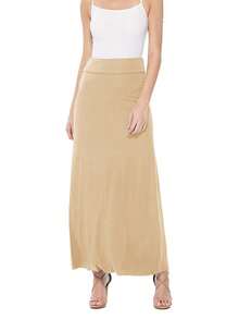 Maxi Length High Waist Foldable Waistband Solid Skirt  Plain  Casual  Elegant  Knitted Fabric        Home  Office  Street  Daily - 卡其色 - 查看 4