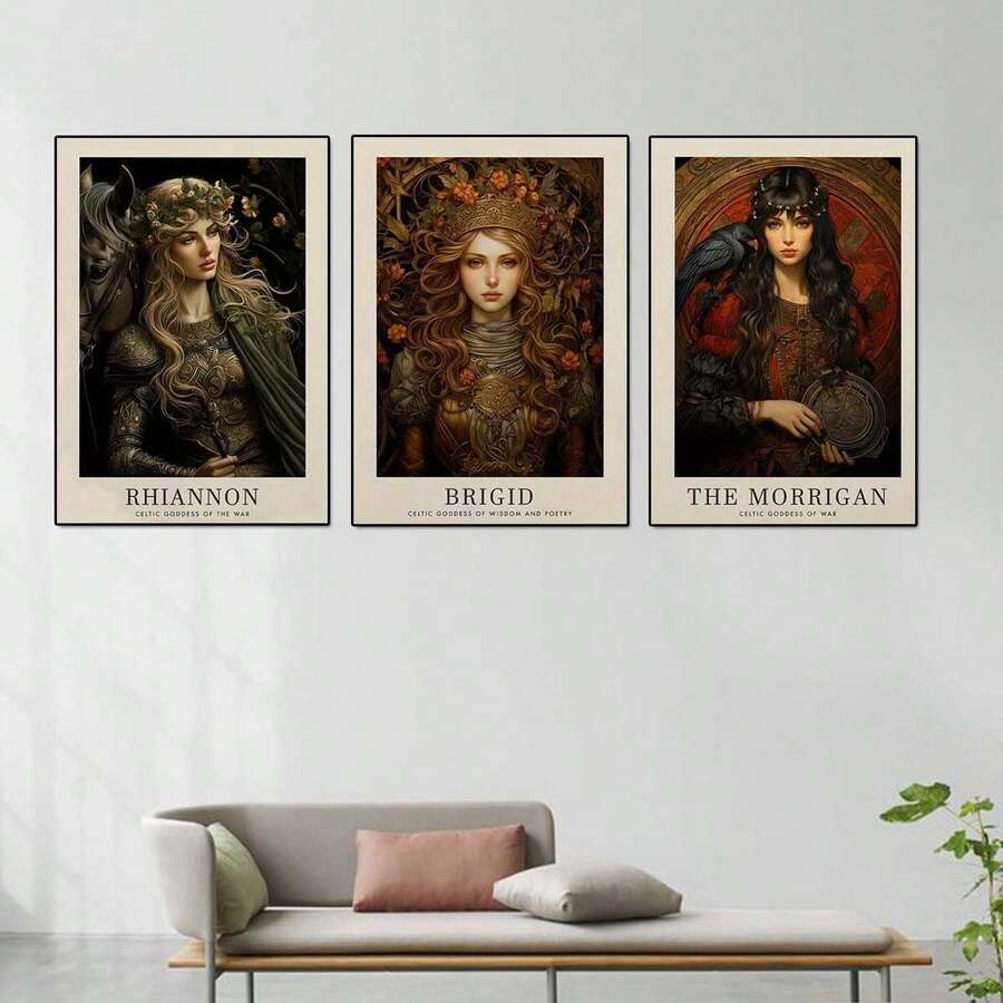 3pcs可选帆布印花装饰画、复古凯尔特人、布里吉特、莫里根女神海报挂画、文艺复兴时期绘画、凯尔特神话家居装饰、室内家居壁画 - 彩色 - 查看 1