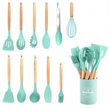 11 peças/12 peças Conjunto de Utensílios de Cozinha de Silicone, Conjunto de Ferramentas de Cozinha, Utensílios de Cozinha Seguros, Conjunto de Utensílios de Cozinha com Cabo de Madeira Antiaderente, Utensílios de Cozinha Laváveis, Itens Essenciais de Cozinha, Presente Perfeito, Conjunto de Ferramentas de Cozinha Preto, Ferramentas de Cozinha, Materiais Escolares