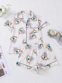 2 件套印花女式睡衣，纽扣式短袖舒适上衣和松紧腰短裤，时尚睡衣套装，适合居家、派对、休闲穿着 - 白色 - 查看 9