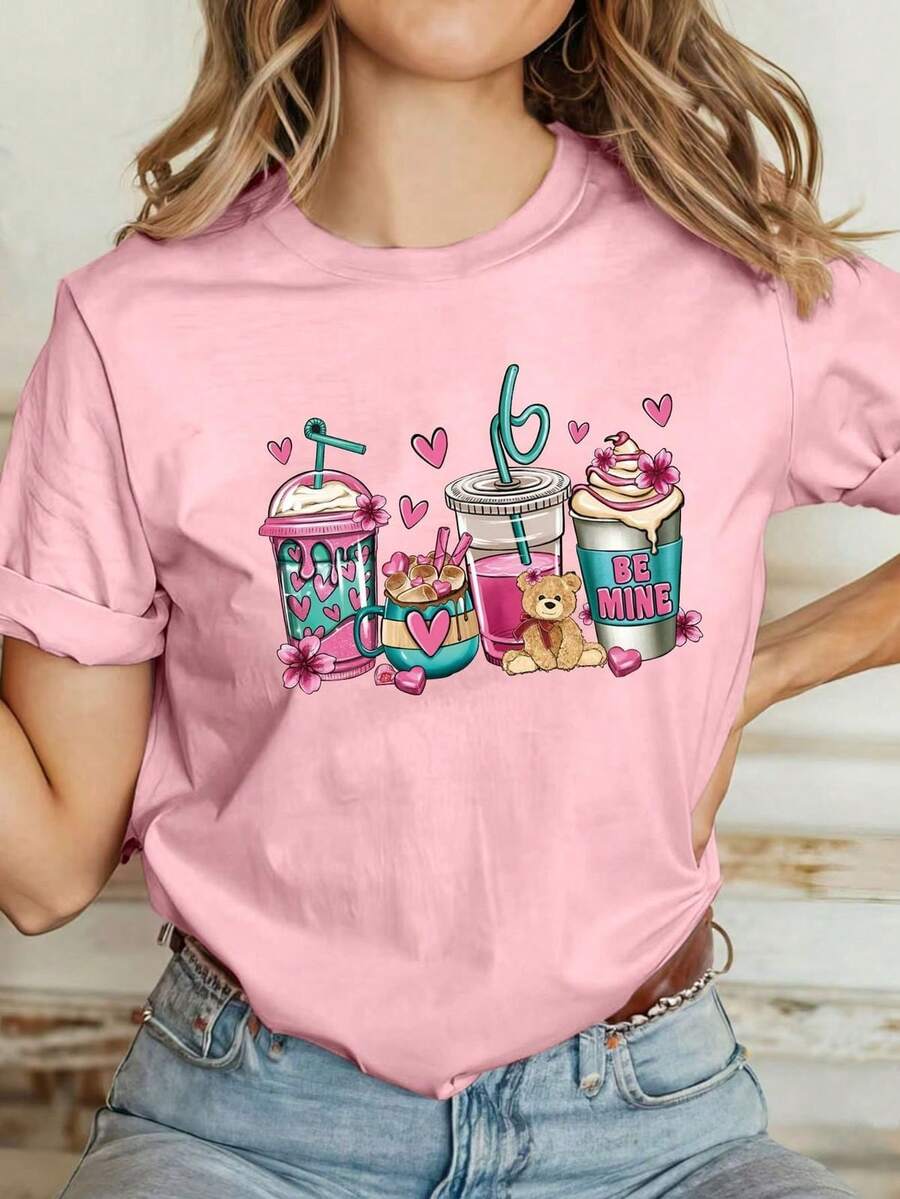 PLAYERA DAMA CUELLO REDONDO MANGA CORTA FRESCA Y COMODA PARA GYM O CASUAL CON DISEÑOS FRAPPE OSO 1 - Rosa - Ver 1