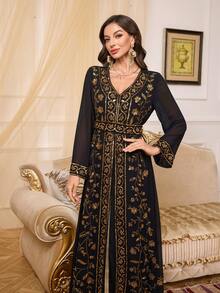 女士长袖串珠二合一长袍 - 黑色 - 查看 6