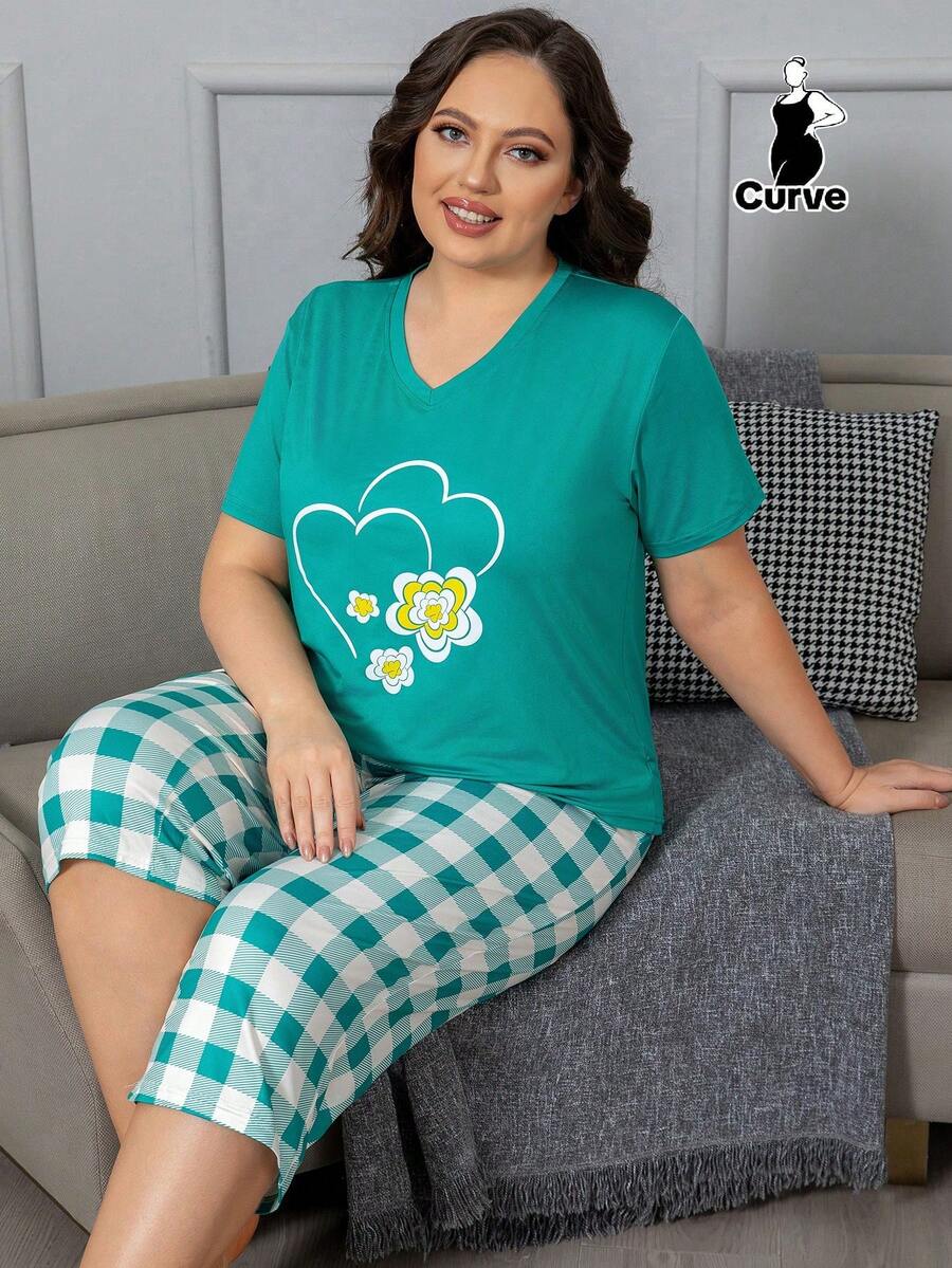 Plus Size Women's Short-Sleeved Pajamas With A Heart Pattern, Two Pieces Set, Outfits - Green - View 1