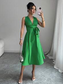 Women Cross Back Solid Color Belted Summer Dress - Green - View 6