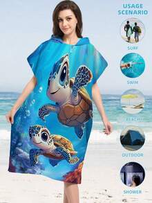1pc Turtle Printed Wearable Bathrobe - Super Soft Microfiber Hooded Cartoon Ocean & Turtle Pattern, Suitable For Boys, Girls, Couples As Gift - Beach And Home Decor, Couple Cloak | Microfiber Robe - Multicolor - View 5