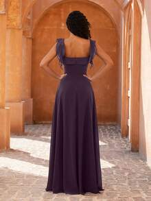 MOEVIO 女士优雅露肩荷叶袖A字高开衩伴娘婚礼宾客正式晚礼服，适合舞会、毕业典礼、返校节、节日、春秋等场合。 - 中紫紅色 - 查看 3