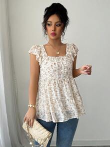 Ditsy Floral Square Neck Ruffle Hem Blouse - Apricot - View 5