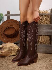 FVPFVP 秋冬复古刺绣西部牛仔女靴，2025新款夏季骑马靴，粗跟棕色长靴，修身Fndy女鞋，牛仔靴，Coachella - 咖啡棕 - 查看 7