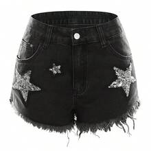 Pantaloni scurți de damă, negru, din denim, cu paiete, cu tiv uzat - Negru - Vizualizare 1