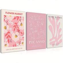 Juego enmarcado de 3 impresiones de arte abstracto de flores en lienzo con estilo de Matisse y Picasso en rosa como decoración de pared para dormitorio de niña, apartamento o sala de estar, creando una atmósfera exclusiva