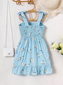 Young Girl  Checkered Cami Sundress With Floral Print & Ruffle Hem Details, Summer Essential Fresh Dress - Blue - View 2