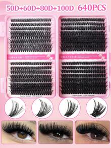 CMAYOME DIY 640 睫毛延长套装 10D+20D+30D+40D+50D+60D+80D+100D 大容量组合睫毛套装单根睫毛束 10-16mm 浓密 D 卷曲单根睫毛套装，迷你旅行便携式浓密睫毛束带 DIY 延长 - D - 查看 2