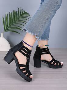 1 Pair Fashion Roman Style Teenager Mid-High Heel Sandals, Zipper Back Hollow Toe Design, Suitable For Outdoor, Commuting, Dance, Party, Beach, Size Runs Small, Suggest Ordering 1/2 Size Up - Black - View 5