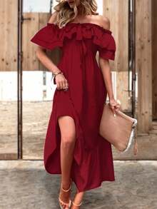 Vestido Largo Campesino de Hombros Descubiertos y Detalle de Holan para Mujer - Rojo violeta - Ver 3