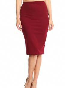 Casual High Waist Slim Stretch Pull-On Bodycon Pencil Solid Midi Skirt - 酒紅色 - 查看 1