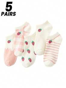 5 Pairs Pack: Ladies' Pink-Themed Fruit & Strawberry Striped Checkered Cute Japanese-Korean Style Student-Inspired Low-Cut Boat Socks, No Show Socks, Suitable For All Seasons. - Multicolor - View 13